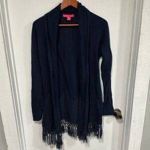 Lily Pulitzer Tatum Duster Long Cardigan, Navy, Fringe Hem, Large